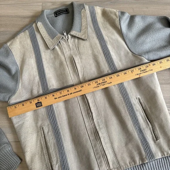 Vintage Saxony Men's Gray Acrylic‎ & Leather Sweater Jacket L Made Hong Kong